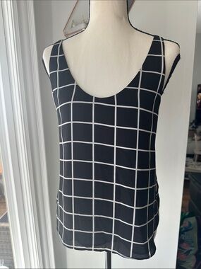 LOFT ANN TAYLOR Black Windowpane Tank Top Chiffon Office Size Small Petite